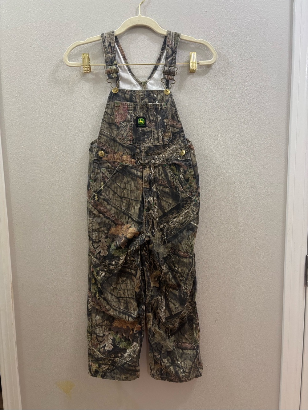 John Deere Kids Camo Bib Overalls in Woodland Green and Brown